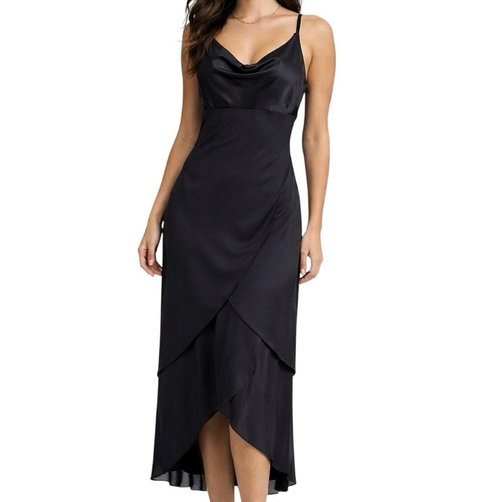 Teeze Me Black‎ Satin Cowl Neck Midi Dress Size 9 Asymmetrical Hem Made in USA